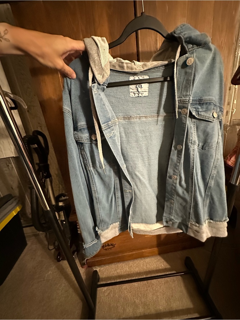 Light Wash Denim Hooded Jacket with Gray Lining